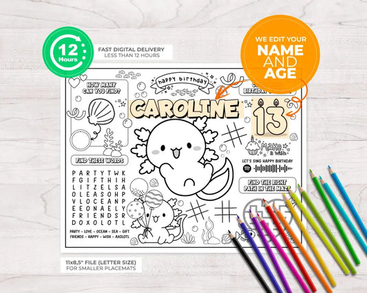 Napperon à Colorier – Anniversaire Axolotl