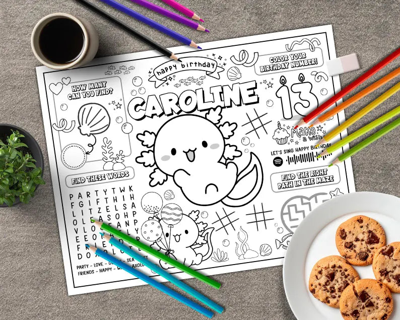 Napperon à Colorier – Anniversaire Axolotl