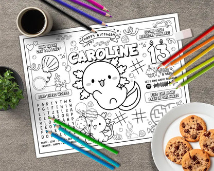 Napperon à Colorier – Anniversaire Axolotl